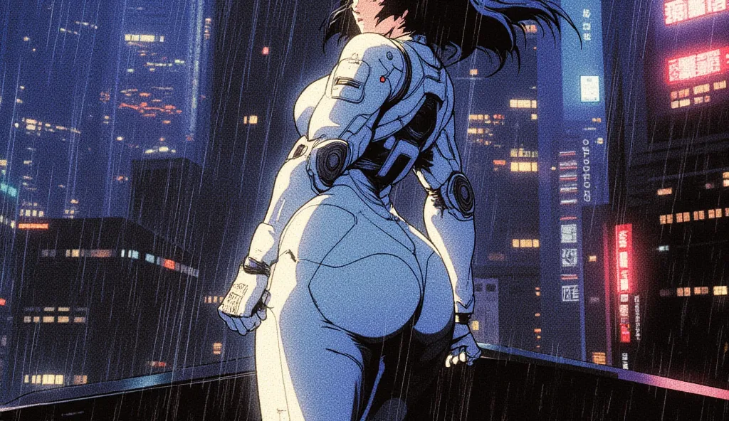 A full-body anime character in the style of Masamune Shirow's Ghost in the Shell, standing on the edge of a skyscraper rooftop at night. She has a curvy, voluptuous figure with wide hips and a well-defined silhouette, dressed in a sleek, white high-tech co...