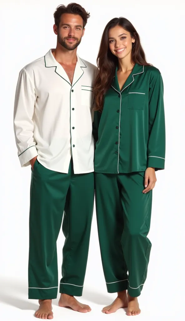 A man and a woman standing straight together, straight pose, looking straight, dressed in matching satin silk pajamas. The man wears white full-sleeved button-up top with a pocket and long pajama, with black piping, while the woman wears the same style paj...