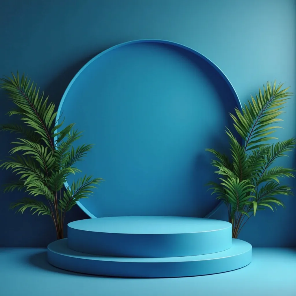 "Design a modern, tropical-inspired product showcase with a sleek circular podium in a deep blue shade, placed against a monochromatic blue background. Incorporate lush green tropical leaves on one side to add a natural contrast and create a fresh, organic...