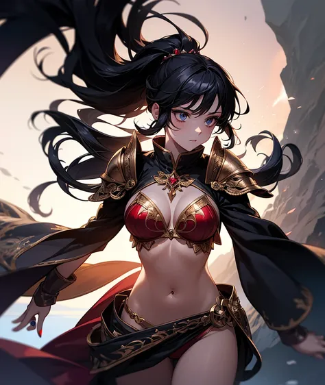 A  beautiful lone princess, facing a dark cave,  black hair and ponytail, a ring on her finger,wearing a red mantle and jewel-encrusted bikini armor, wind blowing her red mantle, holding a shining sword, dramatic lighting, fantasy art