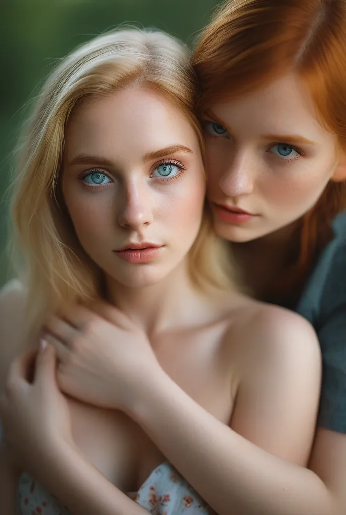 Blue-eyed redhead holding a green-eyed blonde by the pinky