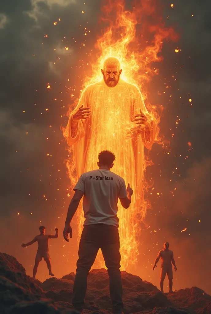 Generate a 3d  illustration of a dramatic scene where a modern man is hugging God (who is burning in flames), surrounded by a dark and cloudy background. Demons are fleeing the scene, trying to escape the torture of the heavenly light.  "P_Star Idan" shoul...