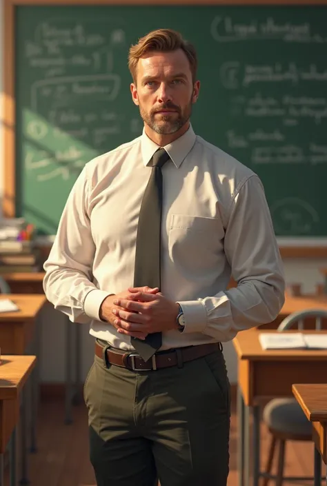 A 37 year old man, The teacher is. he is tall and stocky, has brown hair and green eyes