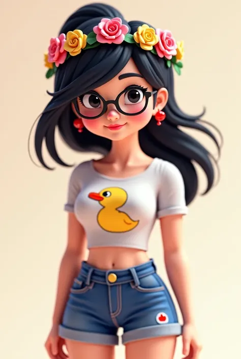 make an AI of a roblox girl with black hair, with a side ponytail over her shoulder, and a flower crown on her head, with glasses on her face, a short duck blouse, and denim shorts 