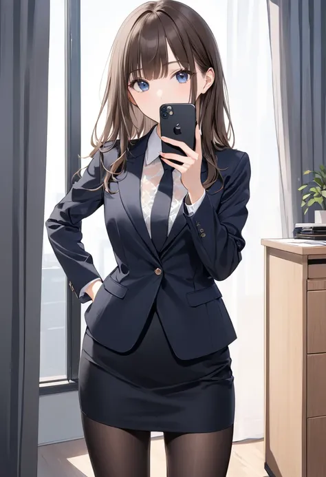 black iphone16 pro, Selfie photo,  take a selfie, masterpiece, Highest quality, 1 40-year-old adult female,  slim, hand between legs, solo, SMALLE BREASTS, dark blue eyes, brown hair, bangs, long hair, from the front, business suit、black jacket、 See Throug...