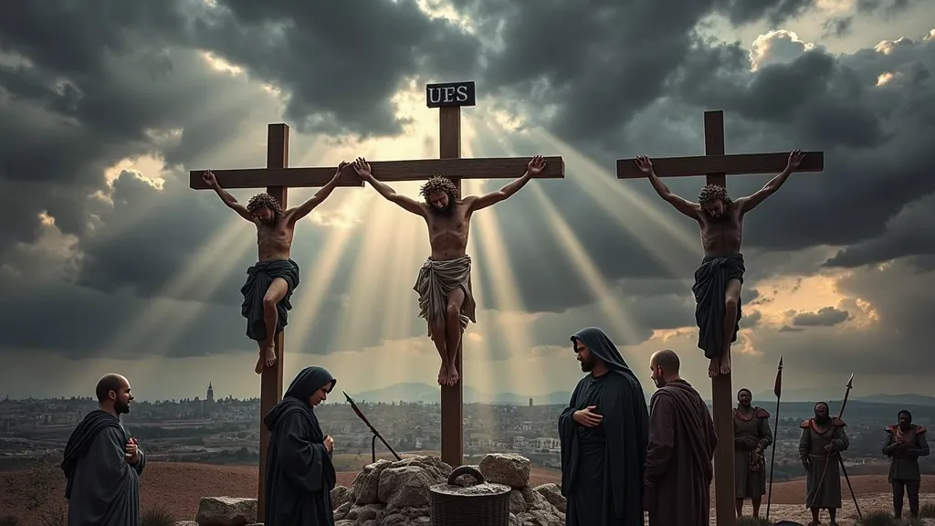 Realistic and religious image depicting Good Friday, the day of the Passion and Jesus crucified on Golgotha, with the crown of thorns.
Next to him, there should be the two thieves crucified on 2 crosses each. The Virgin Mary dressed in black, Saint John an...