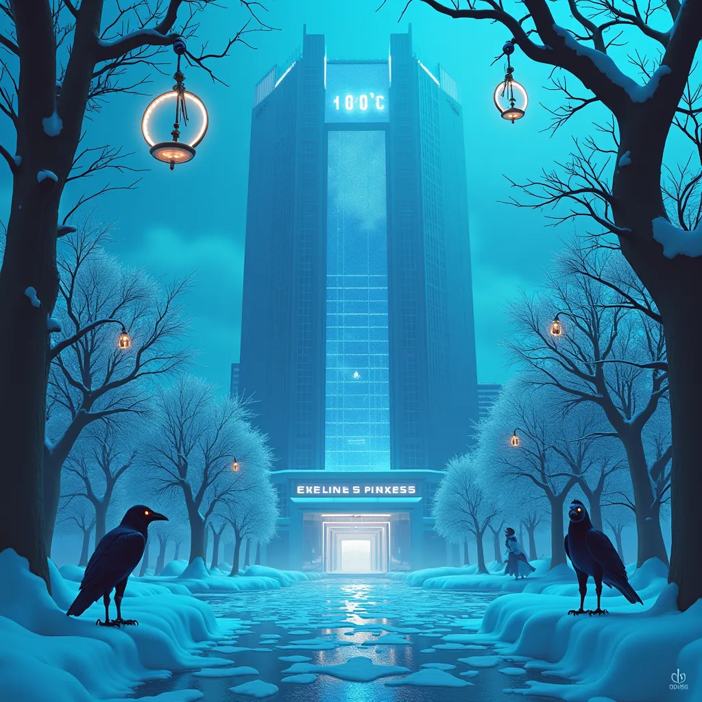 Surreal cyberpunk style, neon blue and silver tones -- A futuristic glass bank building (bank) covered in frost (cold), holographic scales of justice (fair) floating above the roof, robotic crows (乌/wu) with LED eyes perched on frozen metal trees nearby, d...