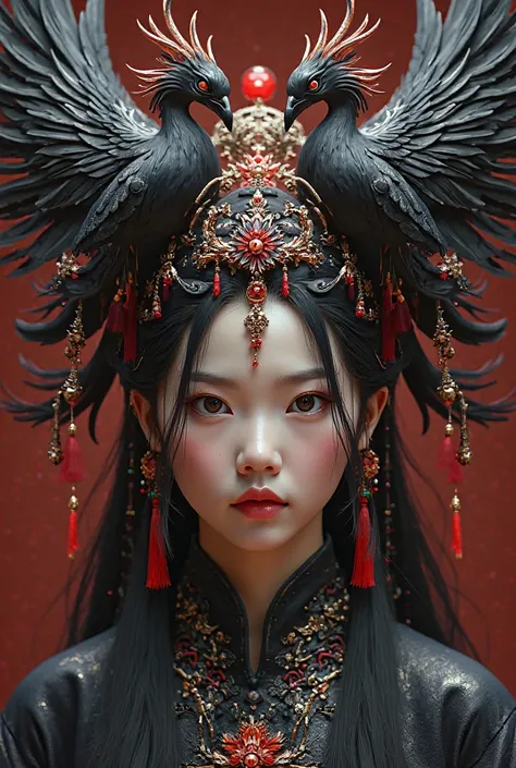 chinese headdress. black with red danglings. two black phoenixes on both sides
