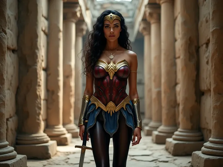 Beautiful woman like Gal Gadot with black 20 denier pantyhose on her long legs looking like wonder woman in her armor and boots, wearing one sword and golden necklace, inside ancient temple ruins