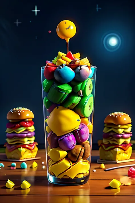 * Basics:
   * Jewel Fruit Parfait, colorful, exhaustive, Dessert
   * Flying Hamburgers, huge, Fantasy, Night Sky
   * Kaleidoscopic Candy, Abstract, Gloss, Macro
 * Add element :
   * Jewel Fruit Parfait, colorful, exhaustive, Dessert, glass vessel, Spar...