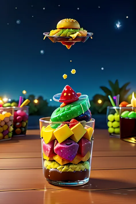 * Basics:
   * Jewel Fruit Parfait, colorful, exhaustive, Dessert
   * Flying Hamburgers, huge, Fantasy, Night Sky
   * Kaleidoscopic Candy, Abstract, Gloss, Macro
 * Add element :
   * Jewel Fruit Parfait, colorful, exhaustive, Dessert, glass vessel, Spar...