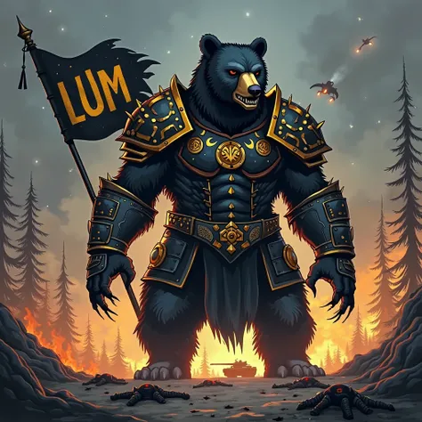 Cartoon simplistic sketch, as little details as possible, God-like Dark Bear, Shadow bear, armored Warrior Bear, Armored sharp claws, he is a protector, dark aura, aura, dark energy, LUM flag, dead zombies on the ground, black and gold armored fur with let...