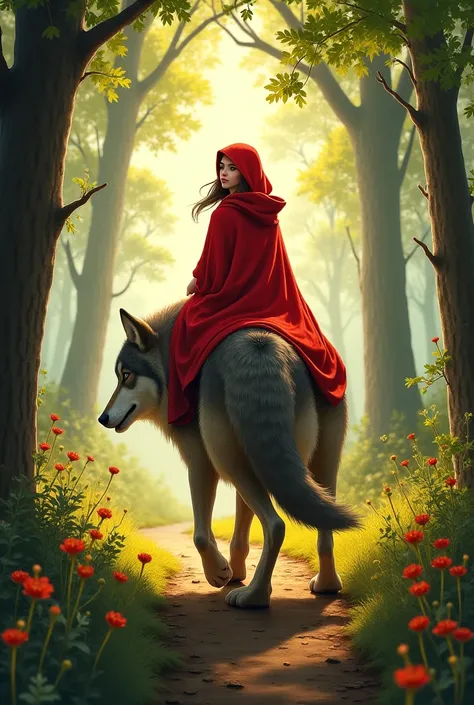 Little Red Riding Hood Riding a Wolf on a Forest Trail