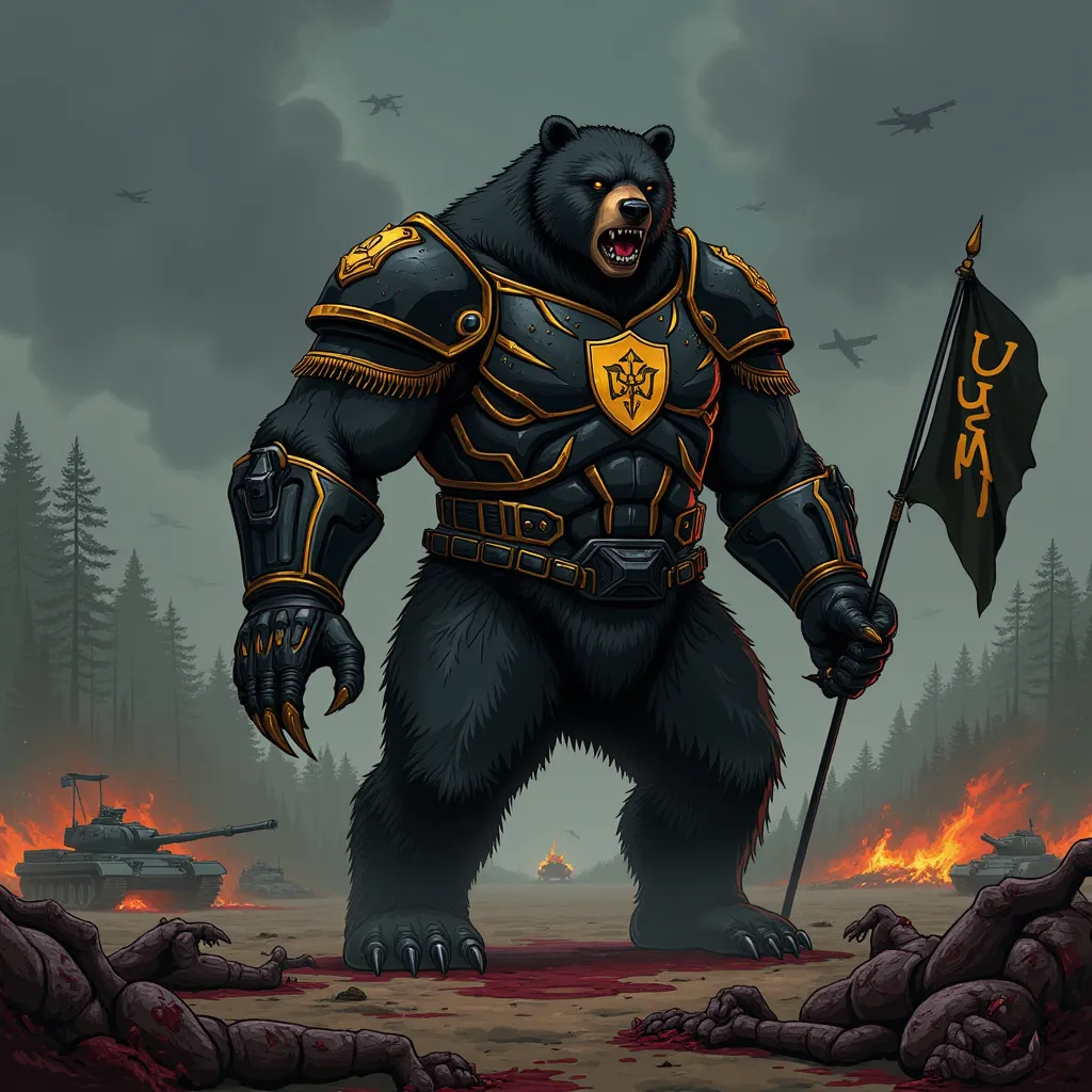 Cartoon simplistic sketch, as little details as possible, God-like Dark Bear, Shadow bear, armored Warrior Bear, Armored sharp claws, he is a protector, dark aura, aura, dark energy, LUM flag, dead zombies on the ground, black and gold armored fur with let...