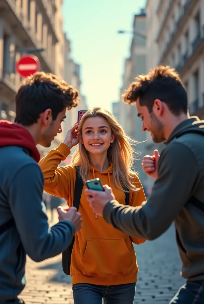 Blonde girl takes a selfie in front of two men fighting