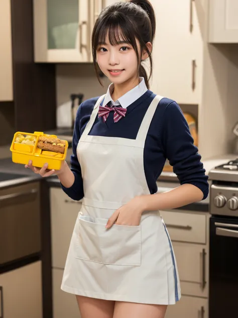 masterpiece,best quality,4k,detailed teeth,zoom up body,detailed teeth,beautiful Japanese 16-18Years-old school girl standing,in house kitchen,holding a Japanese lunchbox,(plastic lunch box is designed in a square shape),school uniform,apron,black hair,ban...