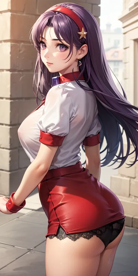     1 female, high definition, high resolution ,        ultra-realistic        ,8K,AA1    ,  purple hair,  long hair, diadema,  long hair, collar, (    black lace panties    ),  earrings,     red dress,    bulging short sleeves   , white sleeves, wristband...