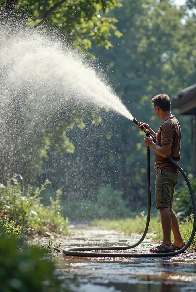 The  injects water from the hose.