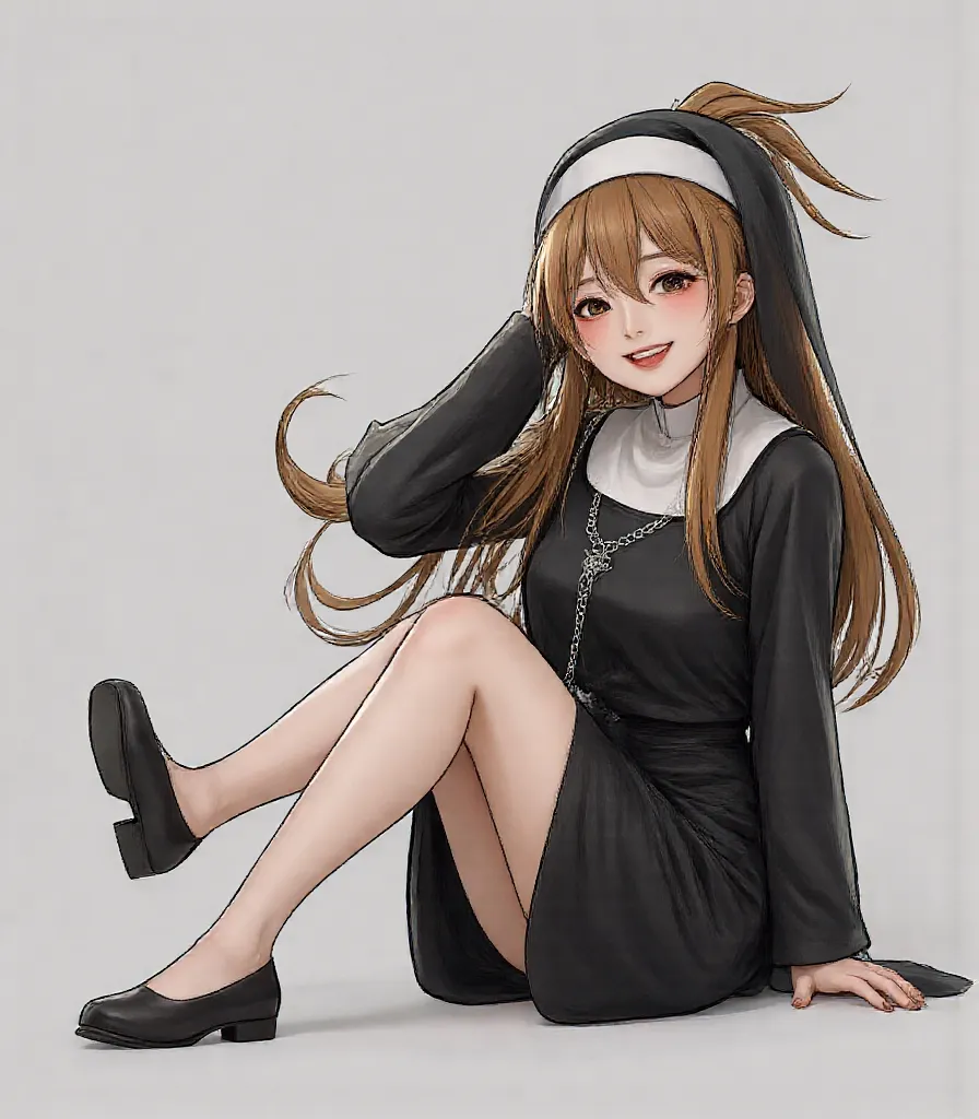  1 Girl , long hair, , 中等long hair  , ponytail, Smile, tooth, ,  Bare-Tooth Laughing , 露出下排tooth齒, 露出虎tooth,Yandere, Chest, Big breasts, nun costume , wearing rosary silver chain, Narrow skirt, Wide legs , stockings, Flats,Realism