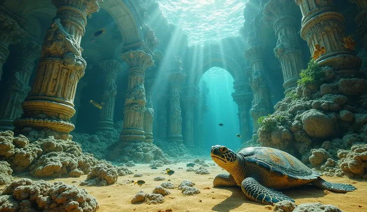 A mesmerizing underwater lost city, its grand marble statues half-buried in golden sand, their faces worn by centuries beneath the sea. Towering pillars wrapped in coral and seaweed reach upward, sunlight piercing through the turquoise depths, casting ethe...