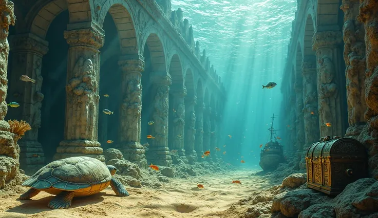 A mesmerizing underwater lost city, its grand marble statues half-buried in golden sand, their faces worn by centuries beneath the sea. Towering pillars wrapped in coral and seaweed reach upward, sunlight piercing through the turquoise depths, casting ethe...