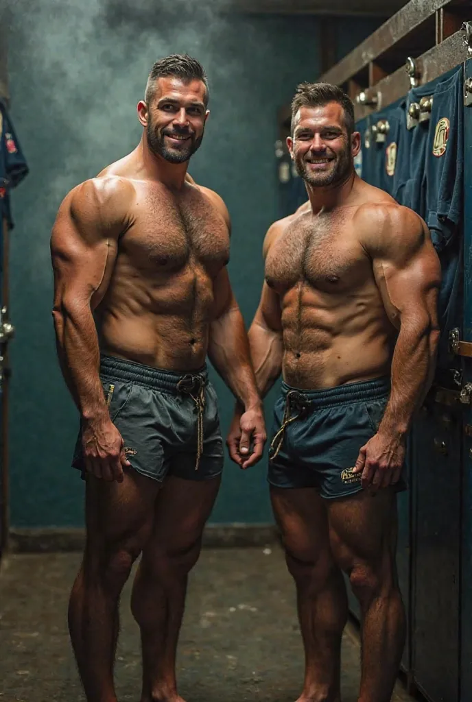 35-year-old rugby players, big legs, Alone, Muscular, ShirtleSS, smiling, Rugby straps around the waist, sweaty, Steam locker room environment,   hairy breast , engaging pose, Realistic, super Realistic, Horse play scene, detailed facial features,  rough a...