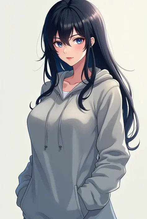 (masterpiece), best quality, 1girl, solo, anime girl standing, half body portrait, medium boob, official character art, mature lady, closed mouth, light pink Lips, no expression face, black hair, long Grey Hoodie, Blue eyes, no pants