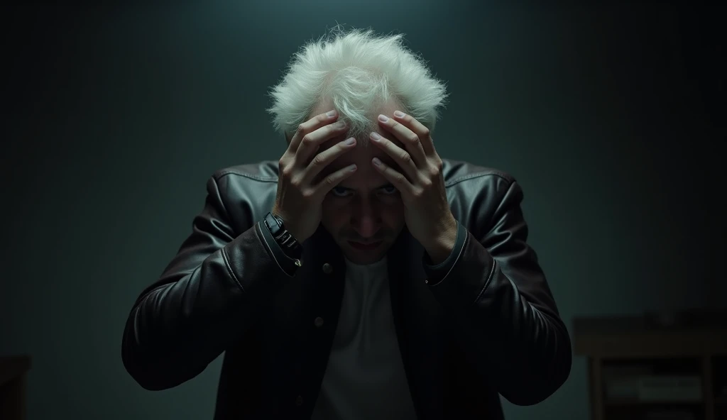 image of a guy with white hair. There is emptiness behind, darkness. You can only see men's hands (leather jacket), that a suffocating grip is used to it from behind. A guy with white hair is desperate to take his hands off.