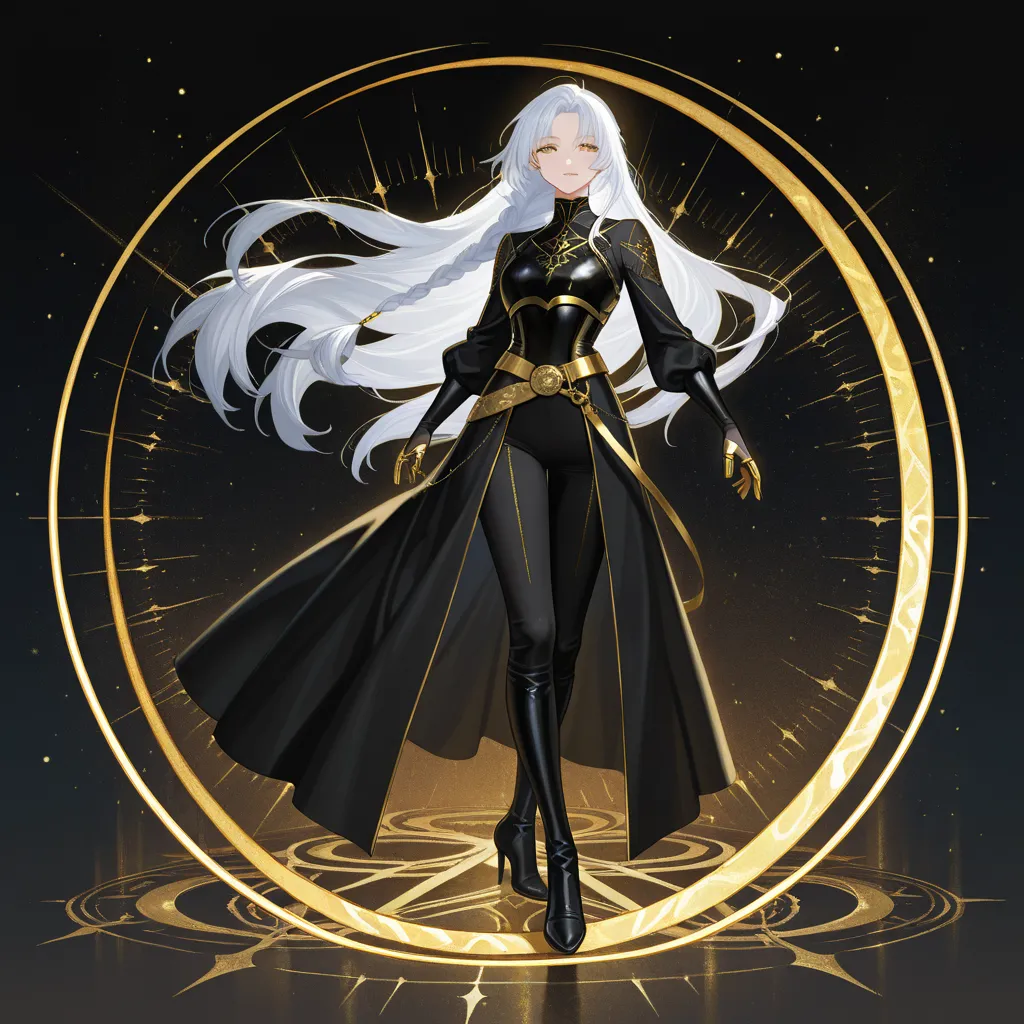 Female with long white hair, styled into a single braid. Wearing an intricately detailed, armored black mock neck dress with long sleeves. Dress extends low and drags behind her. She has tight black pants on, with an intricate golden belt. Black heel boots...