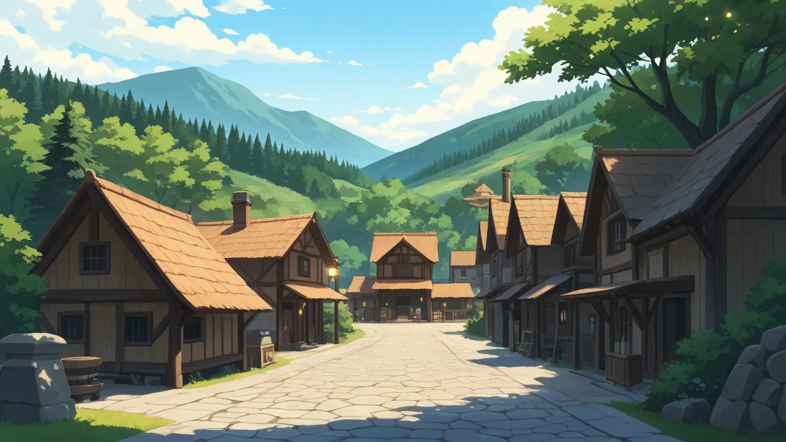 Background　anime style　no people　Few buildings　evening　Deep in the mountains　fantasy world where you walk under the stars　village　Hiroba Summer