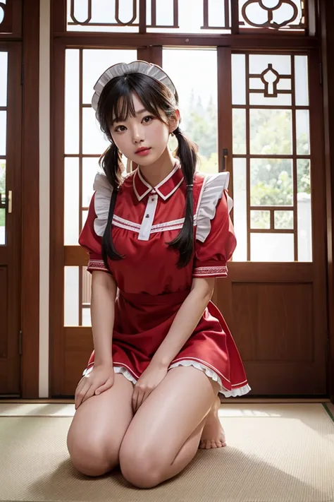 Arafed Asian woman in red maid uniform, kneeling in a mansion, sexy pose, beautiful Korean woman, Korean woman in red maid uniform, Japanese woman with pigtails, beautiful young Korean woman, realistic young Korean woman, Japanese model, young pretty woman...