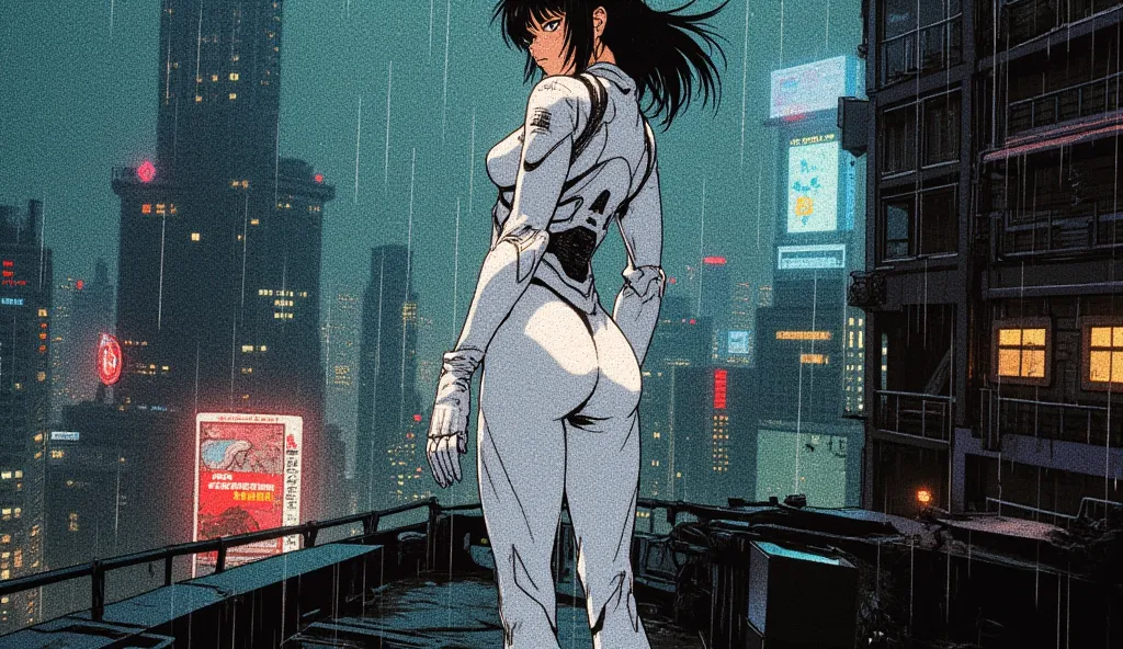 A full-body anime character in the style of Masamune Shirow's Ghost in the Shell, standing on the edge of a skyscraper rooftop at night. She has a fit, athletic physique with toned curves and a well-proportioned, elegant figure. She is dressed in a sleek, ...