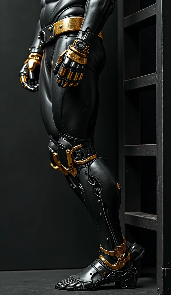 A male robotic leg, sturdy and athletic, made of matte black metal with gold details. The mechanical muscles are well defined, with visible shiny wires passing between articulated metal plates. Gold hydraulic tubes connect the knee to the calf, giving an a...