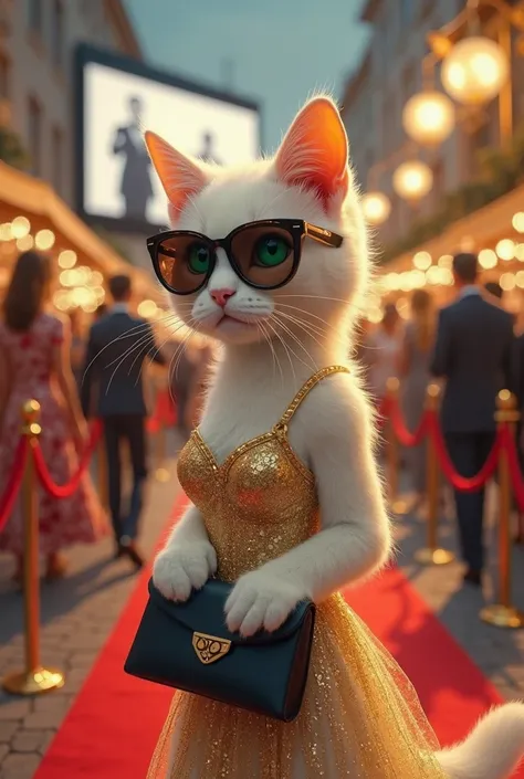 "A highly detailed, realistic digital painting of an anthropomorphic white cat with green eyes, walking along the streets of a glamorous film festival in a summer evening. The cat wears a shimmering gold cocktail dress, with delicate sequins reflecting the...