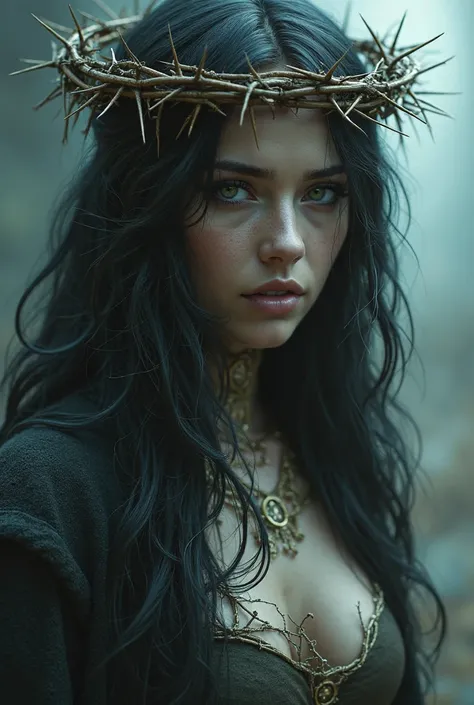 Thorns pierce the body，Long hair，Glowing eyes，Crown of Thorns，grace，crown, Elizabeth Olsen 