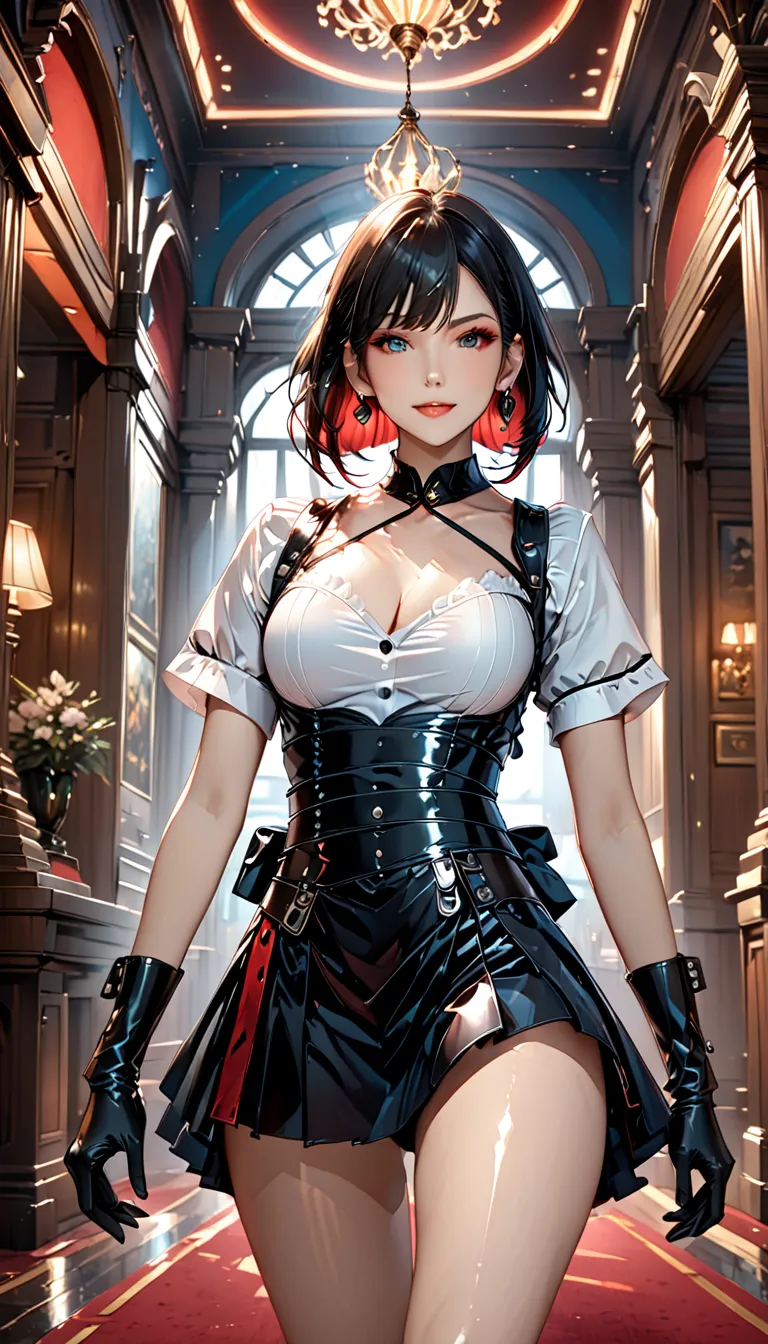 solo, female, A cute battle maid with seductive expression, seductive smiling, ((suggestive pose)), anatomically correct rendering, (front view, shoot from below), perfect, black hair, bob cut, thin hair, sexy face, detailed captivating eyes, lips, makeup,...