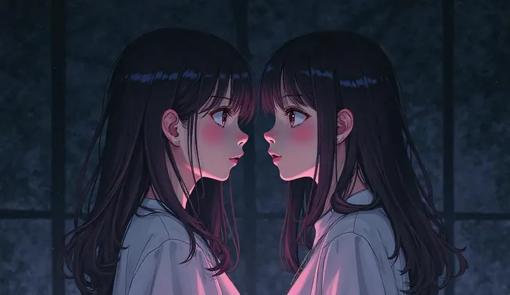 emotional, psychological anime-style digital illustration, two young girls, dark, somber background, delicate facial features, soft expressions, tender poses, flowing hair, intricate details, cinematic atmosphere, dramatic lighting, vibrant colors, masterp...