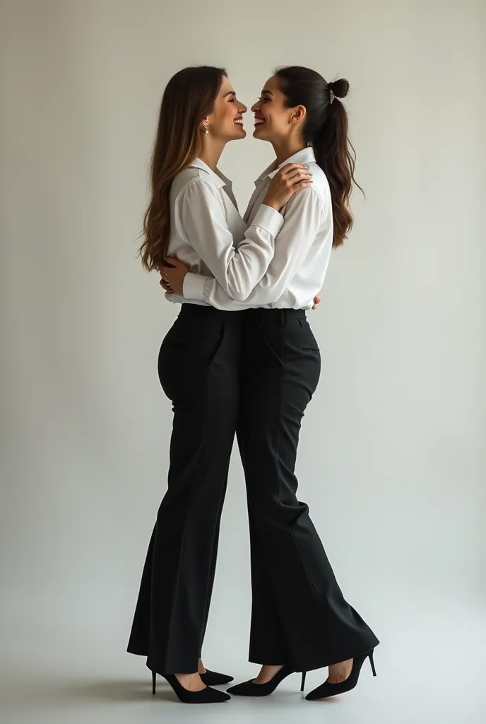  photographic image of two tall smiling young white women kissing passionately wearing gray and light blue wide legged business pants, long sleeve white blouses, heels.