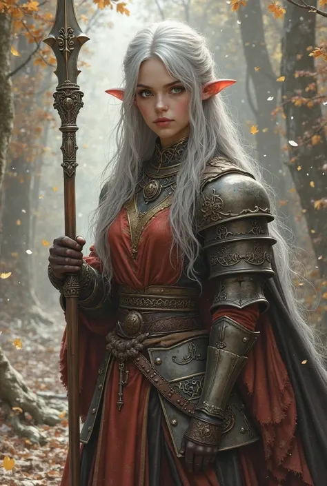 Fantasy character innocent busty human (without pointy ears, regular human ears) girl with long grey hair cleric, kind and caring face and Ukrainian facial features, large breasts with one-handed spear and shield. She is from knights order aligned to sun