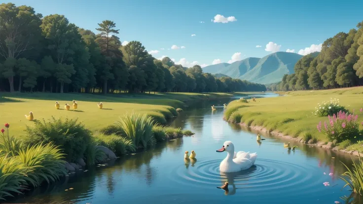 A beautiful riverside landscape with lush green grass and colorful wildflowers. A large white mother duck stands proudly near the water, watching over her five fluffy yellow ducklings. The calm river reflects the bright blue sky, and gentle ripples form ne...