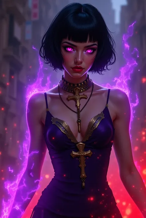 A young feminine.  exotic , eccentric , dramatic, powerful, daughter of Eris, goddess of discord and chaos. through her hands appear purple and red auras. her clothes are elegant and agile. she is using her powers to attack. chaotic. Your short hair is bla...