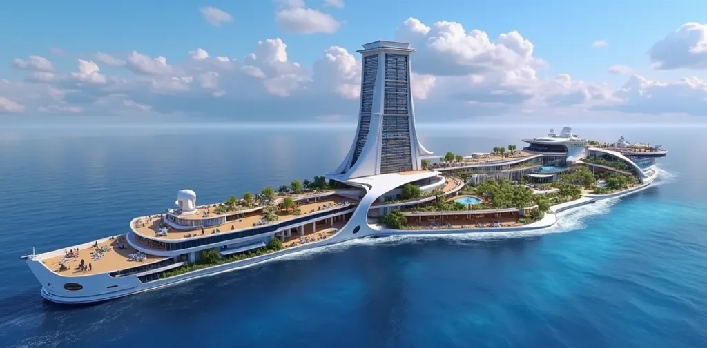 The world's largest cruise ship is moving along, making waves.,There is a pool and a park on board.There is also a small amusement park on the ship.Cruise ships have many cabins and are tall.