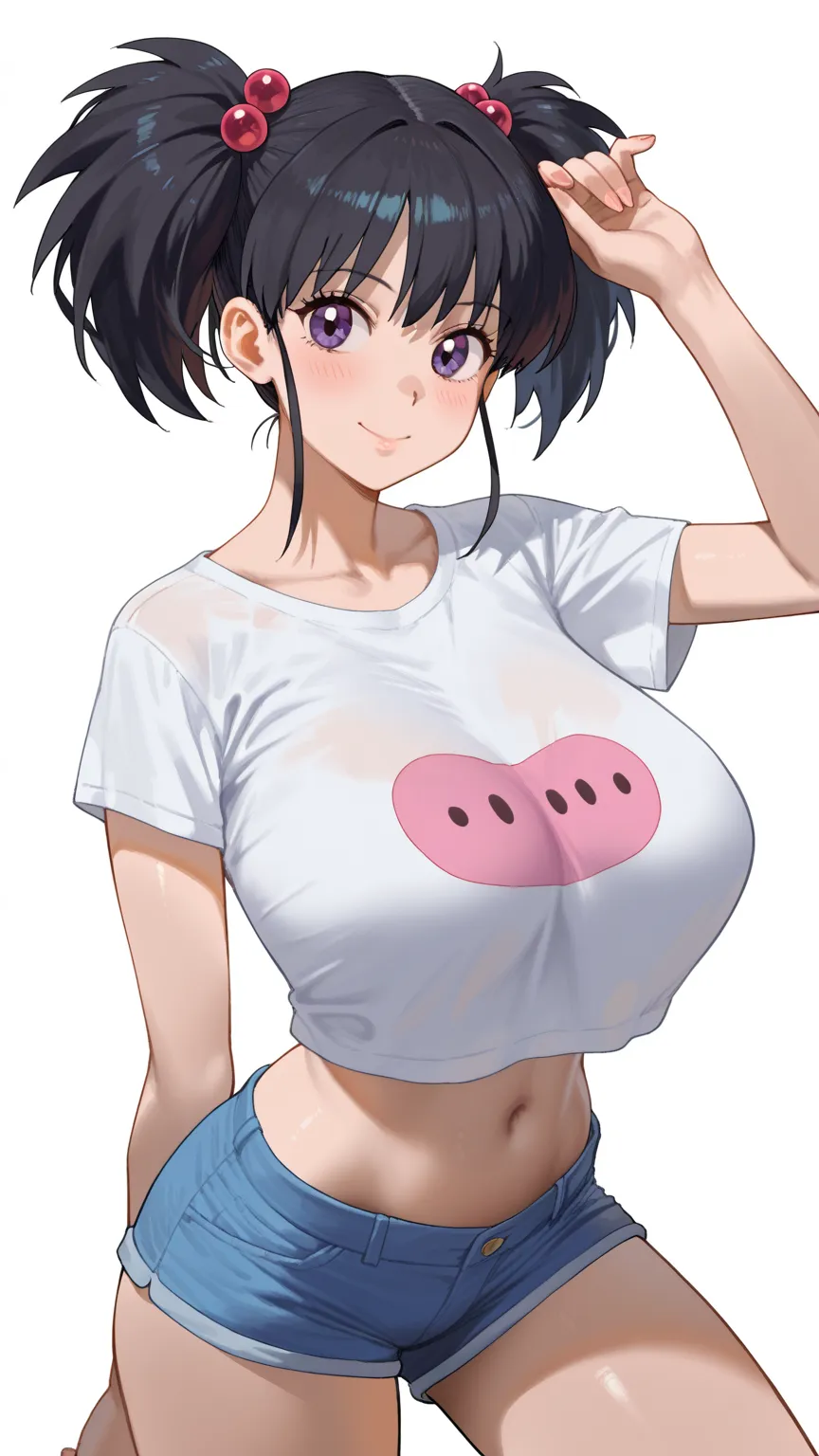 best quality, illustrator anime, cute girl . Very kawaii , round face . alone , Slim , huge breasts , short and small . shiny skin . Pure white tube top T-shirt . shorts . dynamic poses . dynamic angle . No background , White background , looking at the vi...