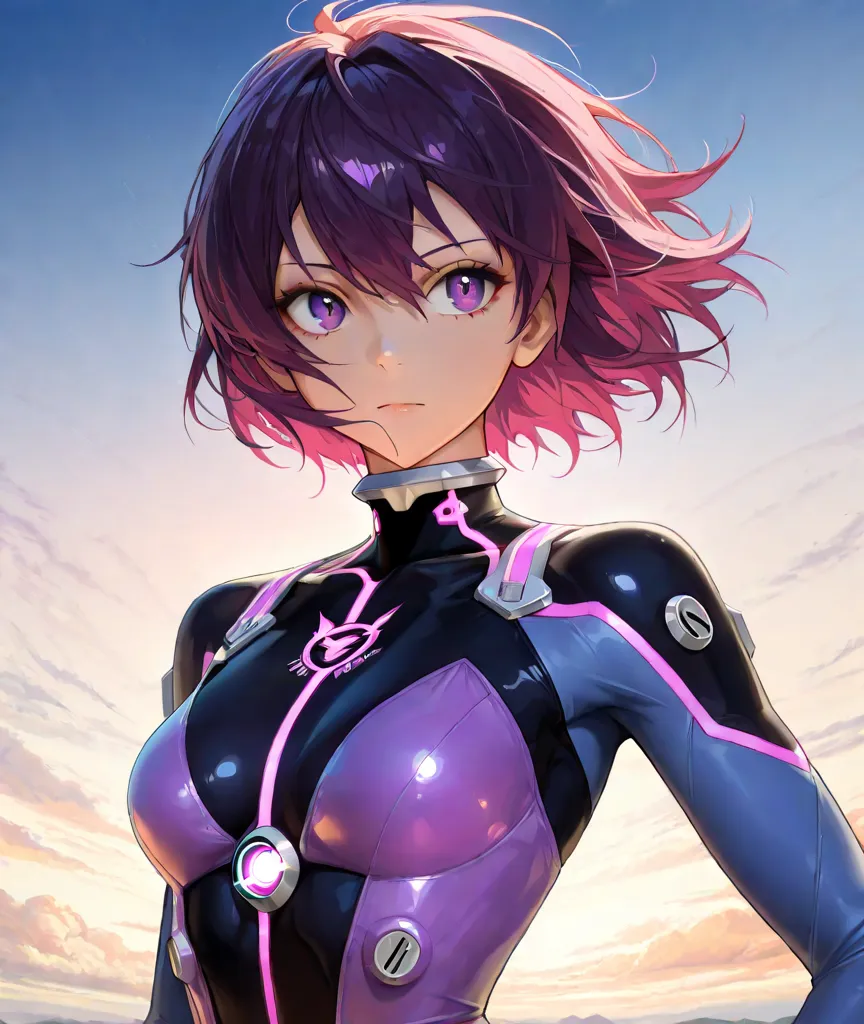 A beautiful anime fighter girl, shoulder length purple hair, mesmerizing detailed purple eyes, pilot suit, (best quality,4k,8k,highres,masterpiece:1.2),ultra-fine painting,sharp focus,physically-based rendering,professional,vivid colors