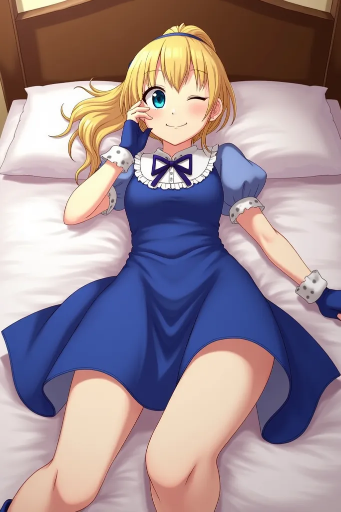 (masterpiece, best quality:1.2), cowboy shot, solo, 1girl, piper, smile, looking at viewer, (hand on own cheek:1.2), blonde hair, ponytail, blue dress, puffy short sleeves, fingerless gloves, lying in bed legs spread