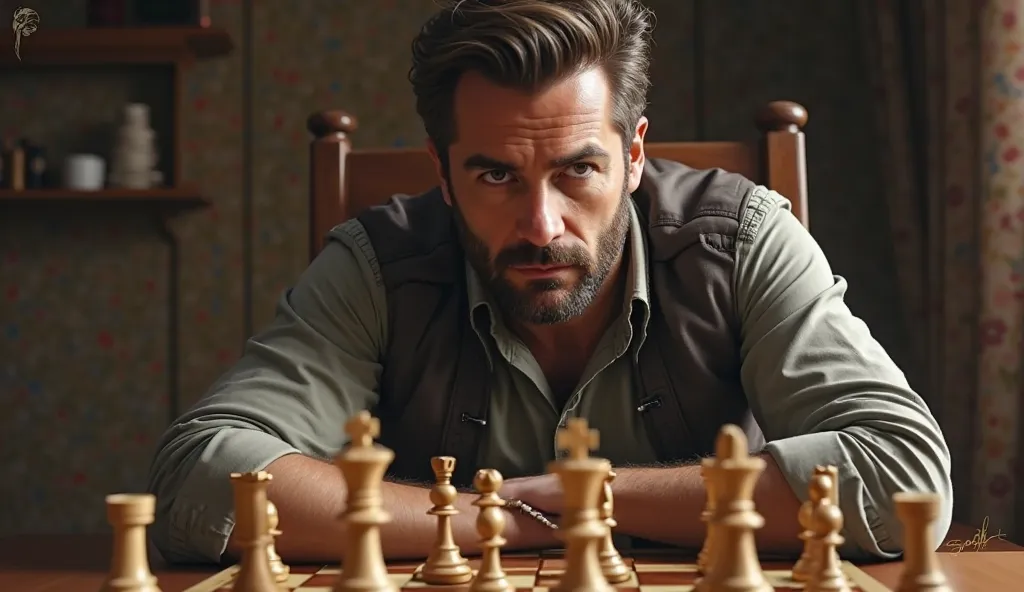 a man with real face playing chess, no beard