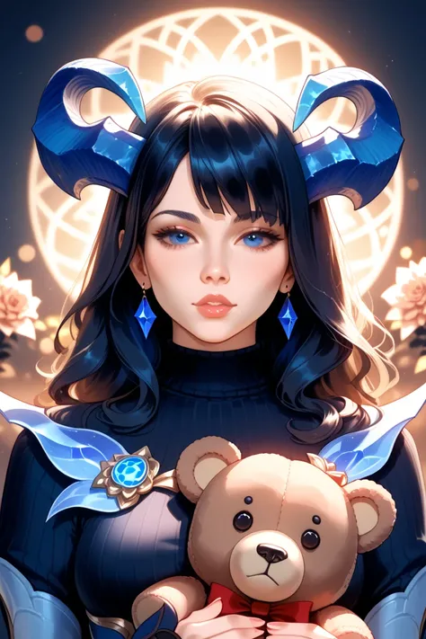 A black-haired woman with blue horns in a black turtleneck holds a teddy bear in her hands