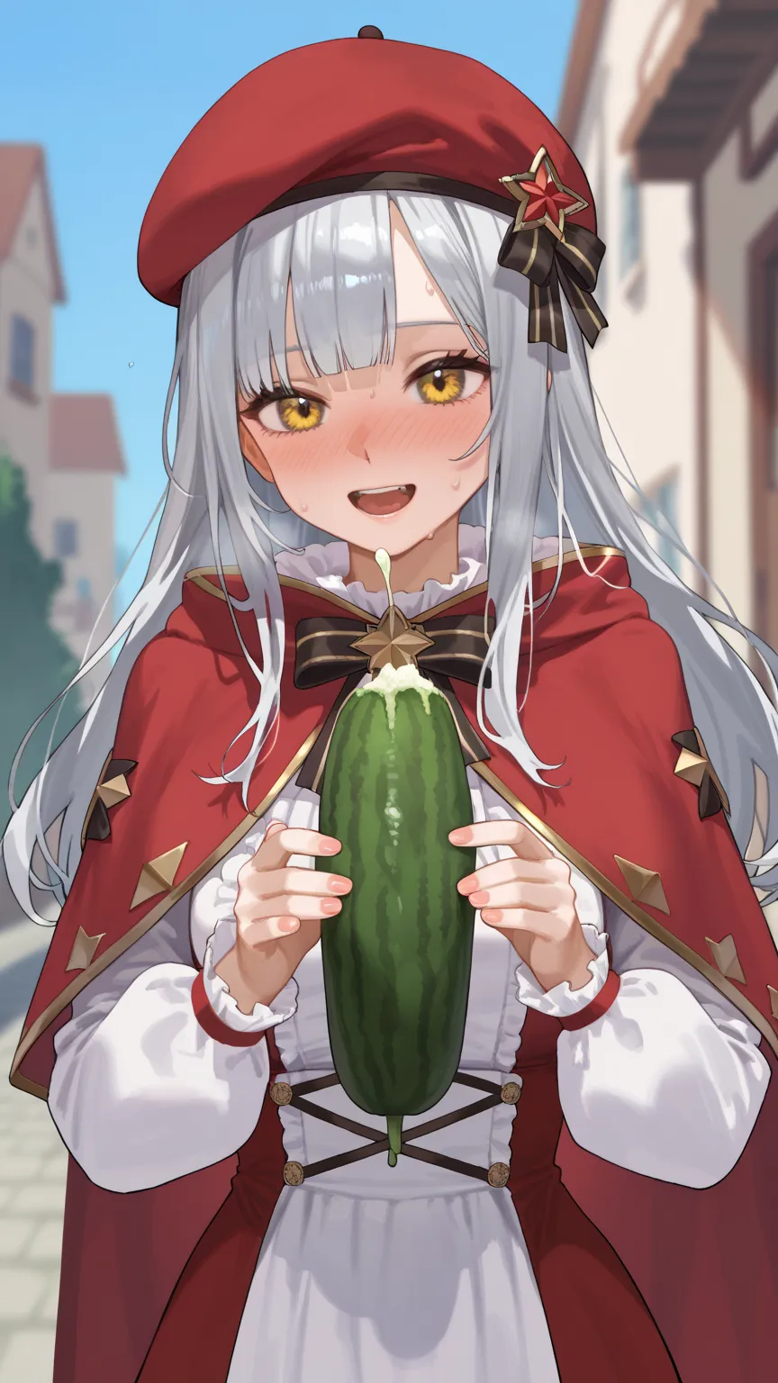 
1girl, solo, hat, blush, long hair, yellow eyes, open mouth, holding, red headwear, food, beret, white hair, cucumber, capelet, long sleeves, holding food, virtual youtuber, nose blush, sweat, dress, sexually suggestive, grey hair

 


 ,masterpiece, best...