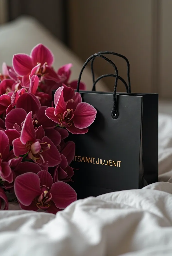 On a bed are a bouquet of red orchids and a black Saint Lauren shopping bag