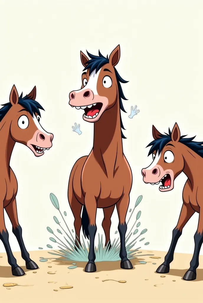 Make an anime-style horse meme having explicit diarrhea while other horses look at him and laugh at him